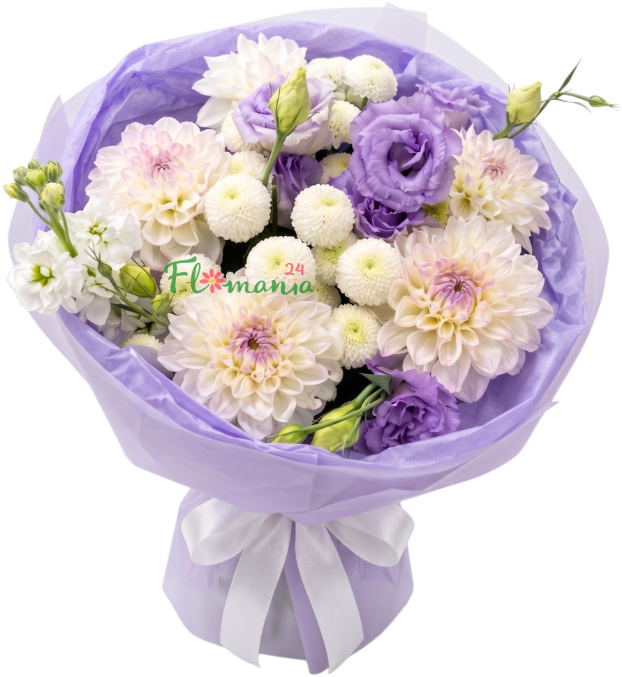 Букет из георгин, маттиолы и эустомы «Нежное прикосновение»